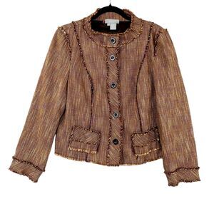 Eccoci Copper Multi‎ Tweed Wool Blend 5-Button Blazer Frayed Edges Womens 14